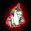 Vibrant RGB neon sign with stylized unicorn design, promoting a shopaholic lifestyle.