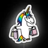 Neon sign with a unicorn shopping cart in bright colors.