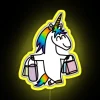 Neon rainbow sign reading 'The Unicorn Shopaholic' with bold, cursive letters.
