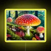 Close-up of a brightly colored, glowing Fly Agaric mushroom in neon hues.