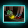 Close-up of Ruby Red Slippers from The Wizard of Oz under neon lights in a vibrant, technicolor-inspired scene.