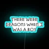Neon sign depicting nostalgic scene with dragons from childhood stories.