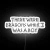 Neon sign featuring a nostalgic illustration of dragons in a pastel color scheme.