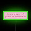 Man hitting a neon-lit bumper with a sarcastic expression, referencing the phrase 'curb your enthusiasm'