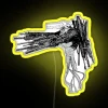 Neon sign of a smiling gun devil in yellow colors.