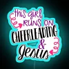 A young girl running in a cheerleading uniform under an RGB neon sign with a blue tone, representing her passion and faith.
