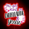 Cheerleader in motion with neon light background inspired by Jesus.