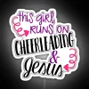 Cheerleader running under neon Jesus sign in bold RGB colors.