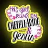 A girl running with a neon sign in the background featuring cheerleading and Jesus imagery, lit up by RGB lighting.