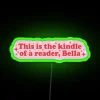 Quote from funny books about readers, depicted as neon sign with green background.
