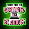 Person standing in front of a neon sign reading "Certified BL Addict
