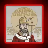 Neon sign featuring Thomas Becket, Archbishop of Canterbury and martyr, in a stylized and colorful design.