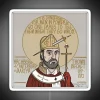 Neon sign featuring Thomas Becket, Archbishop of Canterbury and martyr, with RGB colors and a minimalist design.