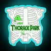 Neon thoracic park sign with glowing blue letters in a futuristic setting