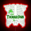 Neon sign reading "Thoracic Park" in bold, red letters with a futuristic RGB glow effect.