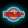 Neon sign with a midnight threat level gauge in blue.