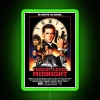 Neon-lit threat level midnight sign with green accents.