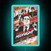 Neon sign reading "Threat Level Midnight: Clean up on Aisle Five" in bold RGB colors with blue accents.
