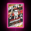 Neon sign with threat level midnight logo and clean up on aisle five message in a bold, pink color scheme.