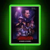 A neon-lit poster featuring the words "Threat Level Midnight" in bold, futuristic font on a dark green background.
