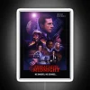 Neon-lit poster with bold, futuristic font reading 'Threat Level Midnight', a humorous reference to James Bond-inspired ac...