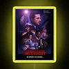 Neon-lit poster with futuristic cityscape and warning tone, referencing the threat level midnight concept.
