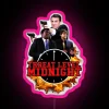Neon sign reading "Threat Level Midnight" in bold, pink letters