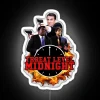 Neon sign with a threat level midnight display in a futuristic cityscape.