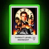 Neon threat level sign with bold green digits displaying the phrase 'Midnight'