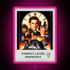 Neon threat level sign with digital display reading MIDNIGHT in bright pink and blue hues.