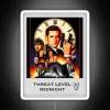 Neon sign with glowing blue digits displaying "Threat Level Midnight" in a futuristic, cityscape background.