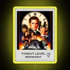 Neon sign with threat level midnight logo in bright yellow colors.