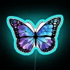 Tie-dye butterfly design on a neon sign with vibrant blue hues