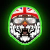 Neon sign of a tiger's face with racing stripes in vibrant green color.