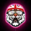 Neon tiger racing sign with pink highlights in an RGB color scheme.