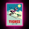 Tignes resort poster with neon pink sign in mountain landscape.