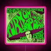 Timothy Leary's neon-lit acid rainbow sign in vibrant pink colors.