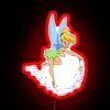 Tinkerbell holds her iconic wand under a vibrant RGB neon sign with red hues.