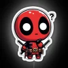 Small, deadpool-inspired LED sign with RGB neon lights in a white background.
