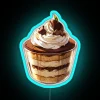 Tiramisu cake with neon sign in blue