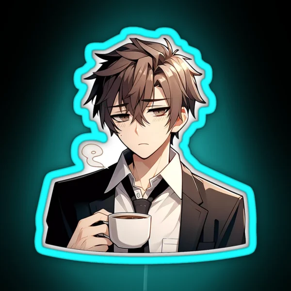 Tired Cute Anime Guy Drinking Morning Coffee RGB Neon Sign