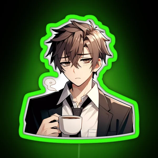Tired Cute Anime Guy Drinking Morning Coffee RGB Neon Sign