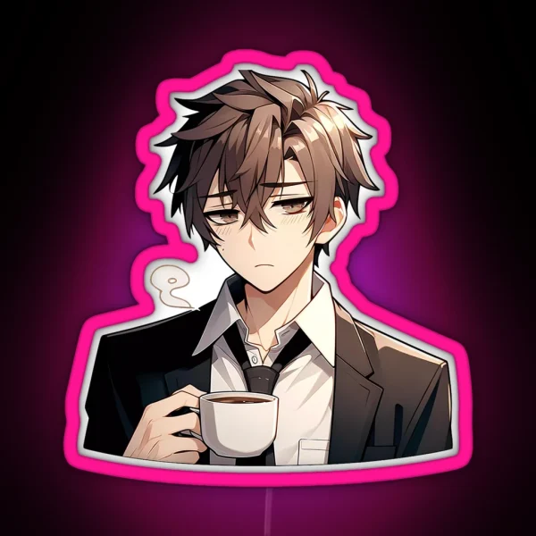 Tired Cute Anime Guy Drinking Morning Coffee RGB Neon Sign