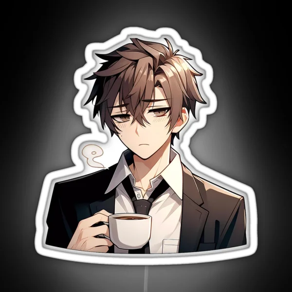 Tired Cute Anime Guy Drinking Morning Coffee RGB Neon Sign