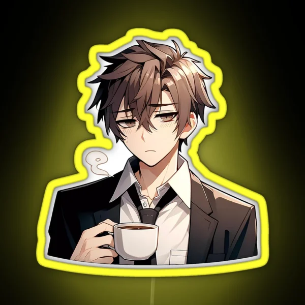 Tired Cute Anime Guy Drinking Morning Coffee RGB Neon Sign