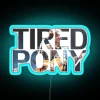 A neon sign of a tired pony with blue accents