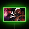 To infinity with Harlock: a vibrant neon sign featuring a futuristic cityscape in shades of green.