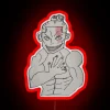Neon sign with a boogie woogie piano in RGB colors, featuring a handsome man in a martial arts pose.