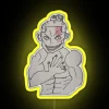 A man in a handsome outfit performing boogie woogie dance moves while using jujutsu skills under an RGB neon sign, illumin...