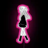 Close-up of Tohru's silhouette walking in front of a neon sign with pink and purple hues.